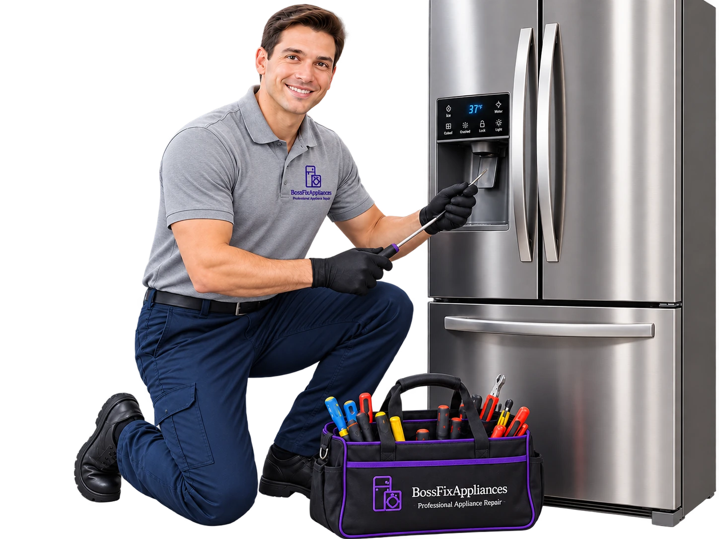 BossFixAppliances technician repairing a refrigerator