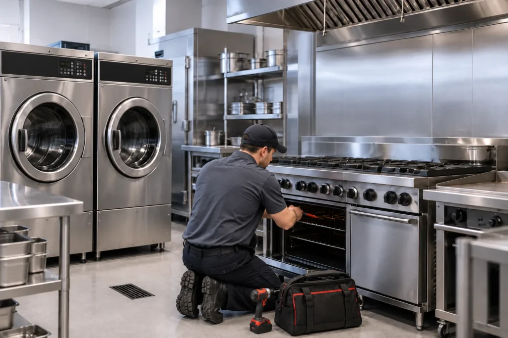 Commercial appliance repair technician servicing a commercial oven with washers and dryers in a professional kitchen